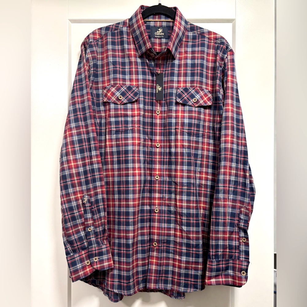 Men's Extra Large Red and Blue Plaid Button Up Shirt Culture Modern Fit Cotton